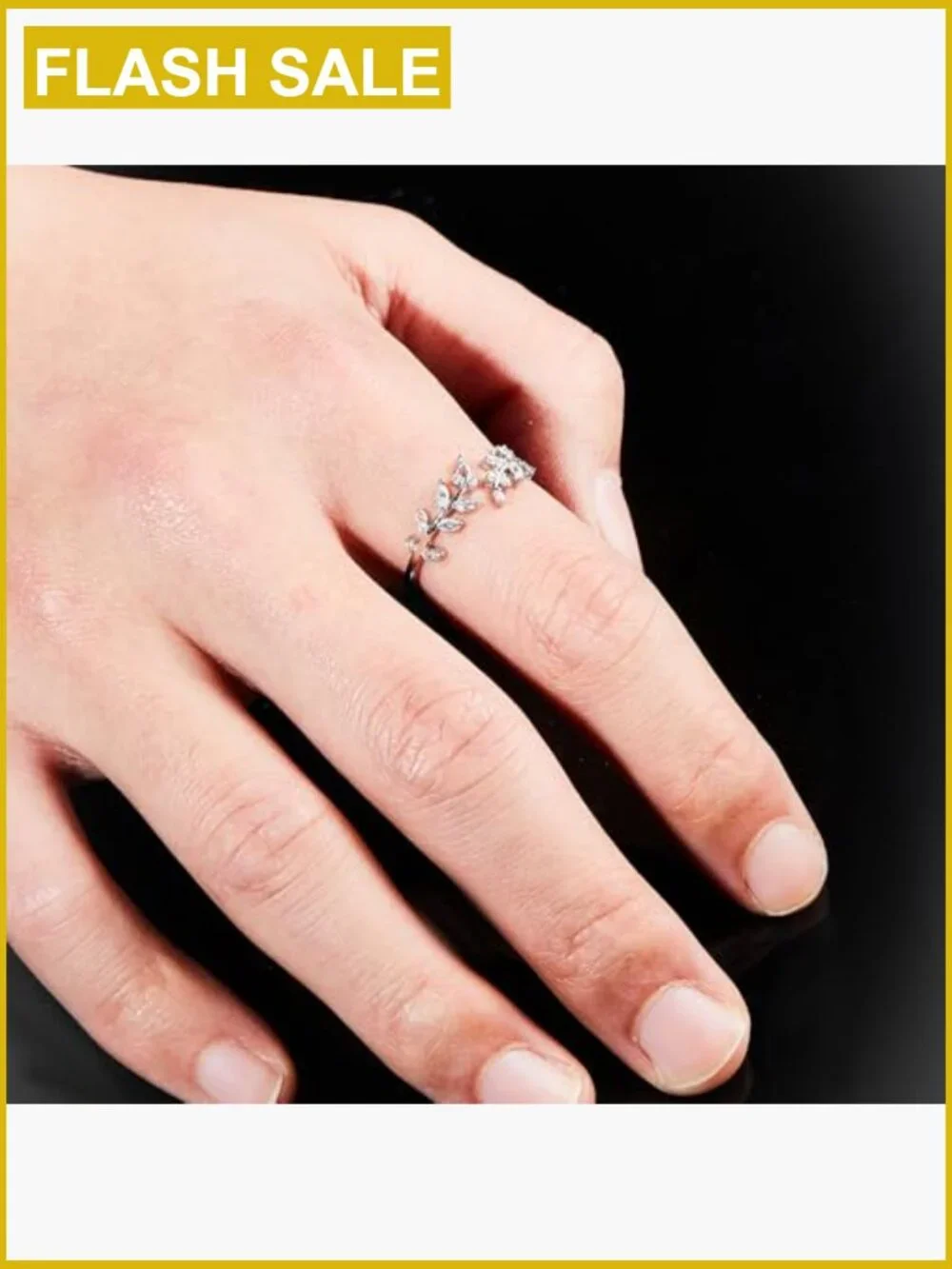 Adjustable Sterling Silver Leaf Ring Stackable Cubic Zirconia Open Ring